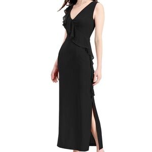 Connected Apparel Long Black Social Sleeveless V-neck Dress with ruffles - NWT